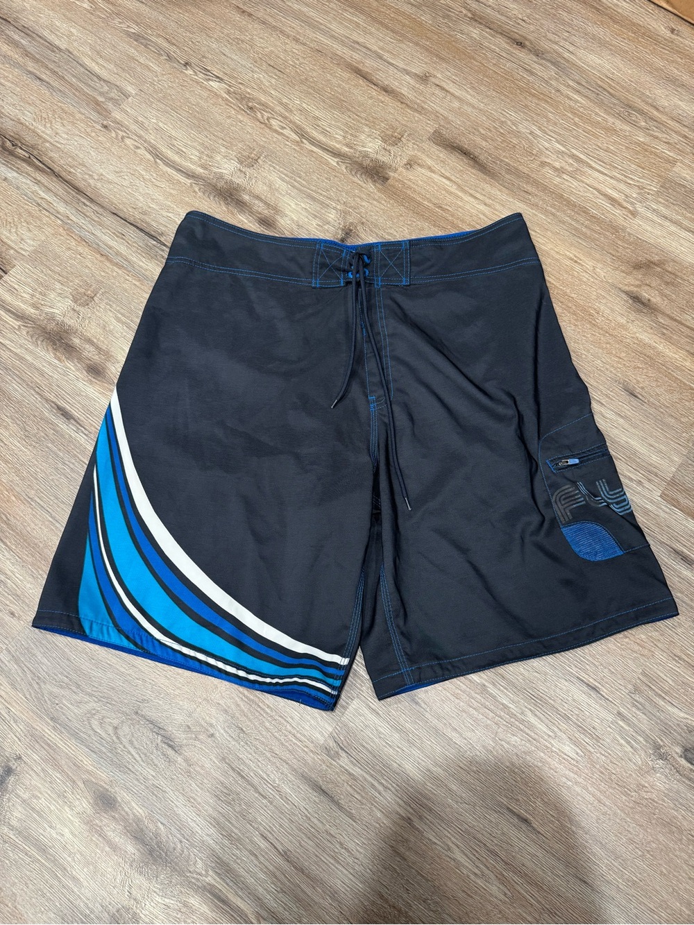 Y2K Mossimo Supply Co. Black Swim Board Shorts with Blue & White Stripe